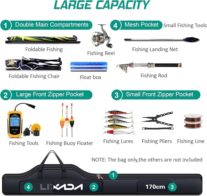 Lixada Portable Fishing Bag Folding Fishing Rod Reel Bag Outdoor Fishing Carrier Bag100cm/130cm/150cm (Black, 170cm), Black, 170cm, Modern