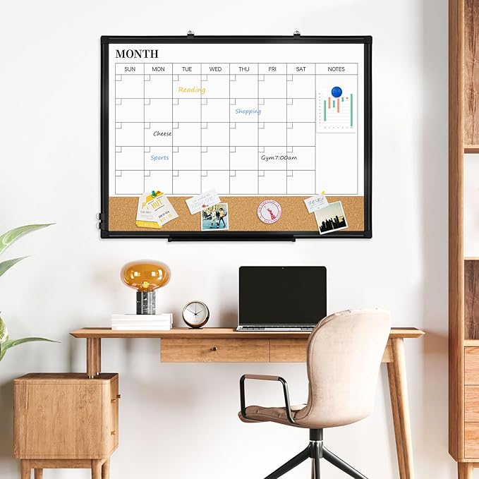 Large Dry Erase Calendar for Wall, 36"x24" Double-Sided Magnetic Whiteboard Calendar with Cork Board, Black Aluminum Frame Monthly White Board Memo Message Board for Office, Home, School