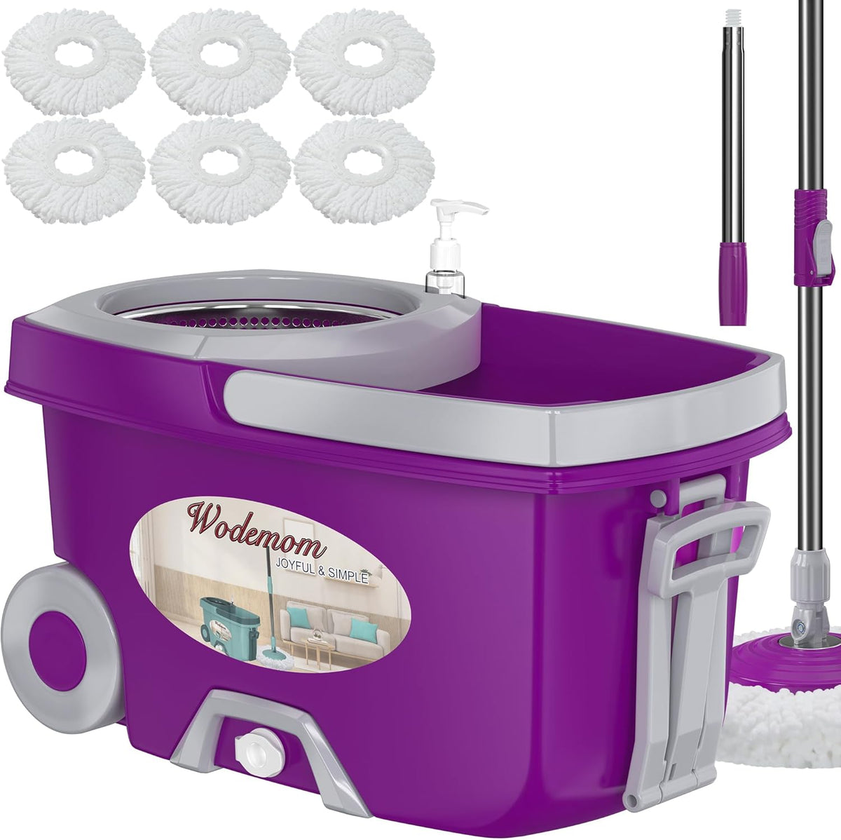 Dual Compartment Spin Mop and Bucket, Mop and Bucket with Wringer Set,360Â°Rotating Spinning Mopping for Floor Cleaning with 6 Microfiber Replacement Heads, 61" Extended Handle, 2X Wheel