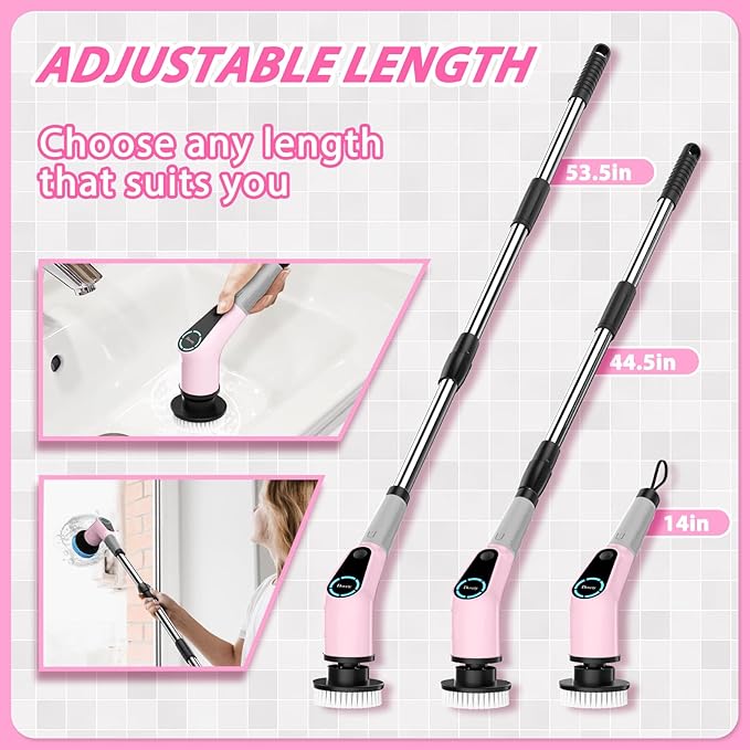 Electric Spin Scrubber, Cordless Cleaning Brush, Shower Scrubber with 8 Replaceable Brush Head, Power Cleaning Brush with Extension Handle, 2 Adjustable Speed, for Bathtub Tile Floor (Pink)