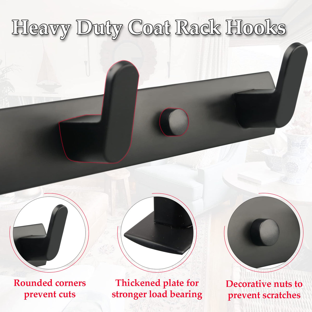ULIBERMAGNET Magnetic Hooks,Heavy Duty Coat Magnetic Rack,Strong Rubber Magnetic Hanger for Refrigerator,Metal Cabinet,Hanging Coat, Towel, Bag, Backpack(Matte Black/4 Hooks)