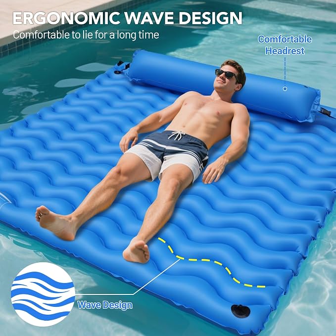 2-Person Inflatable Pool Float Adult, 71'' x 71'' Large Pool Lounger Float River Tube with Headrest, Adult Heavy Duty Pool Floats Mat for Swimming Pool, Raft for Pool Party, Lake, Beach, River