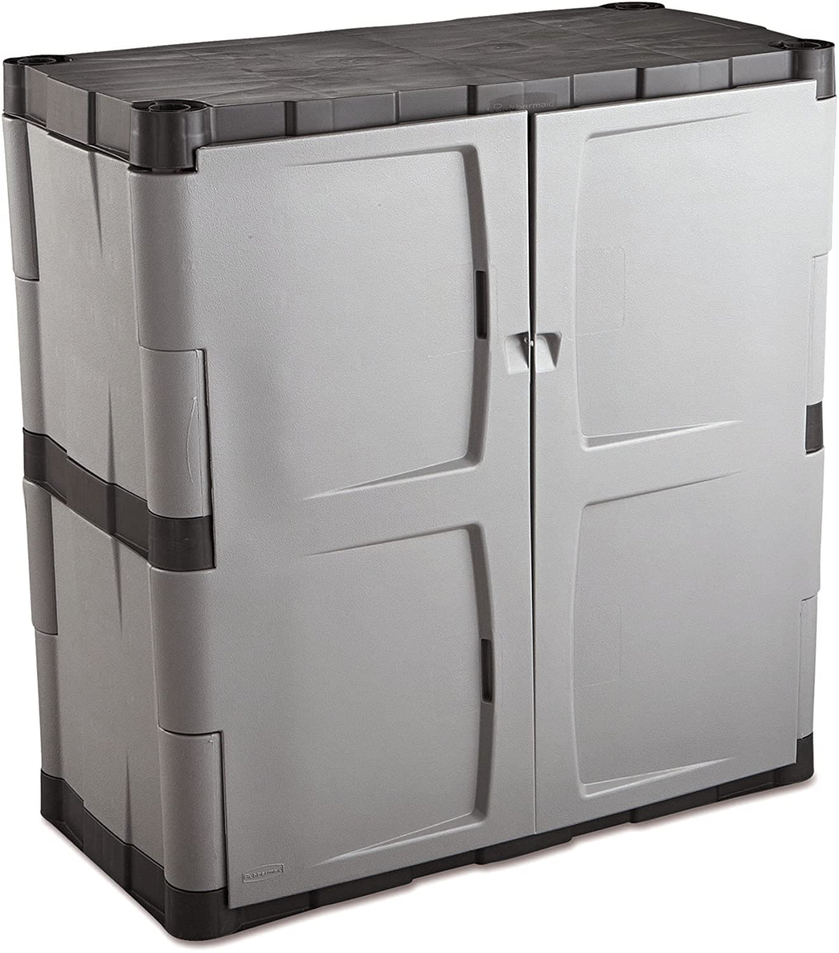 Rubbermaid Freestanding Storage Cabinet with Doors 18"D x 36"W x 37"H Medium Gray/Black Two-Shelf Lockable Cabinet for Indoor/Outdoor/Garage Storage for Garden Tools/Lawn Care Accessories