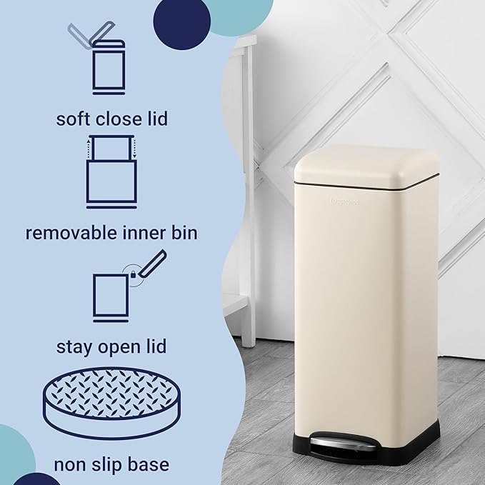 happimess HPM1007F Betty Retro 8-Gallon Step-Open Trash Can with Soft-Close Lid, Fingerprint Resistant, Modern, Minimalistic for Home, Kitchen, Laundry Room, Office, Bedroom, Bathroom, Almond