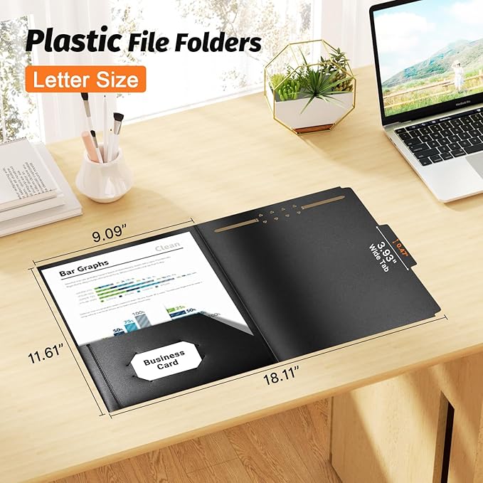 Fastener File Folder,Plastic Folders with Pockets,Reinforced Heavy Duty Pocket Folder with Brad,Manila,1/3 Cut Tabs,Letter Size,12 Pack,Black