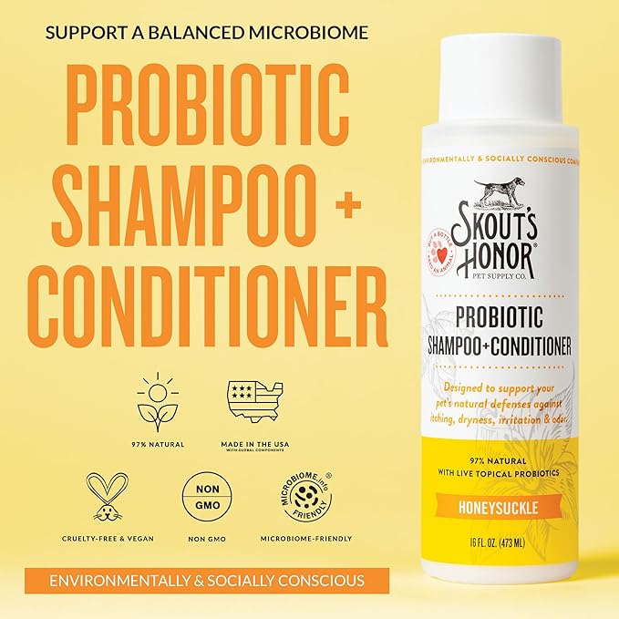 Skout's Honor Probiotic Dog Shampoo & Conditioner with Avocado Oil & Omega-3s, 97% Natural, Paraben & Sulfate-Free, Cruelty-Free, 16oz, Honeysuckle