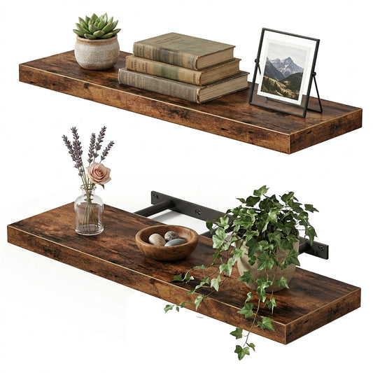 Fixwal Wood Floating Shelves for Wall, 22" Long Wall Mounted Shelves for Living Room, Bedroom, Bathroom and Kitchen, Wall Shelves for Storage, Books, Room Decor (Rustic Brown, Set of 2)