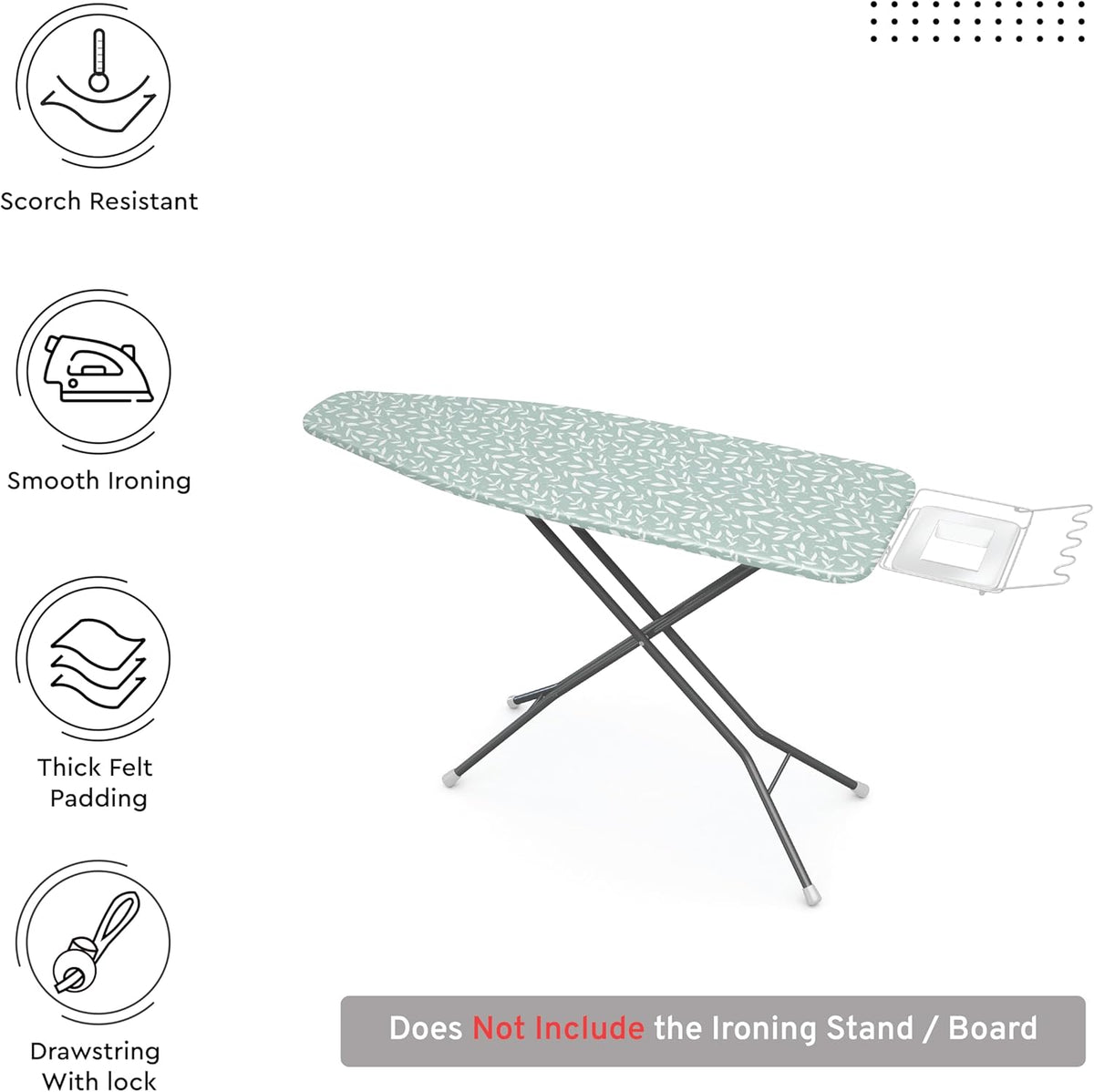 Encasa XO Ironing Board Cover and Pad 42"x14" - Thick 3mm Felt Padding, Drawstring Tightening & Lock, Easy Fit, Scorch & Stain Resistant, Fits Medium Ironing Board - Green Leaflet