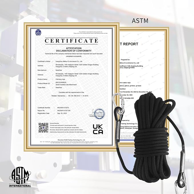 NewDoar Climbing Rope 8(5/16in),10mm (3/8in), High Strength Accessory Cord Rope with 2 Steel Hooks, for Outdoor Rescue Rappelling Rope Down Cliffs ledges Safety Escape Tow Strap Equipment(Black)