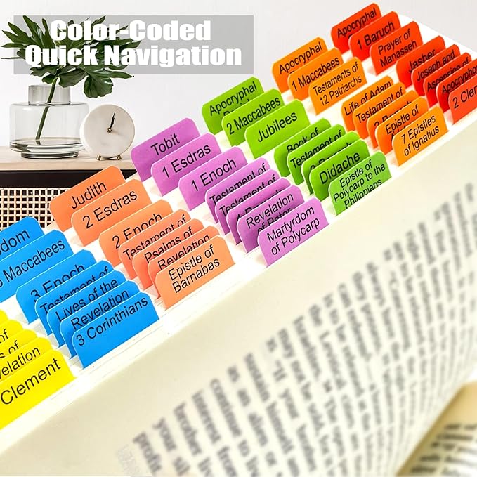 Index Tabs for The Complete 100-Book Apocrypha,2024 Edition 72 Color Coded Laminated Durable Tabs, 68 Books Chapter Tabs, 4 Blank Tabs,1 Placement Guide Card (Book Not Included)