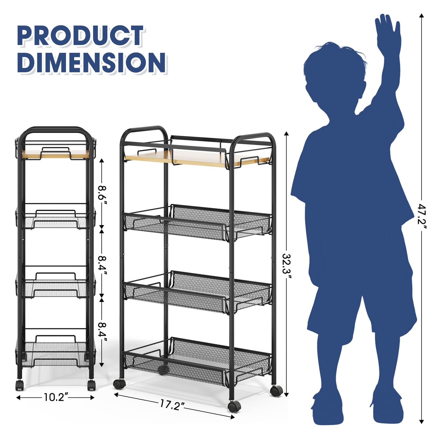 TOOLF 4-Tier Rolling Cart, Metal Utility Cart, Slide Out Storage Cart with Wooden Tabletop and Mesh Baskets, Easy Assemble Trolley for Kitchen Bathroom Laundry Room Bedroom Apartments Dormitory