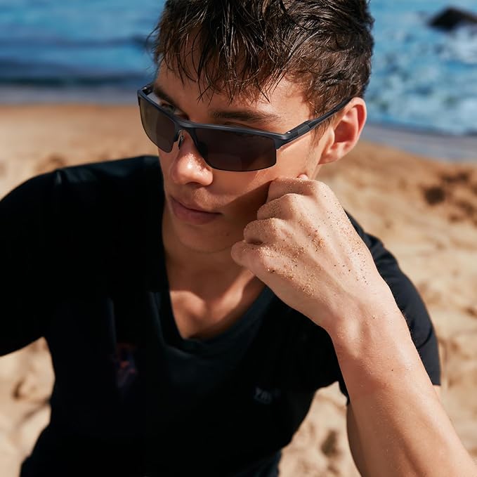 SKYOAK Sports Bifocal Reading Sunglasses Men Wrap Around UV 400 Protection Aluminum Frame Glasses Spring Hinge Semi Rimless Sun Readers Built In Driving/Running/Fishing Black, 2.5