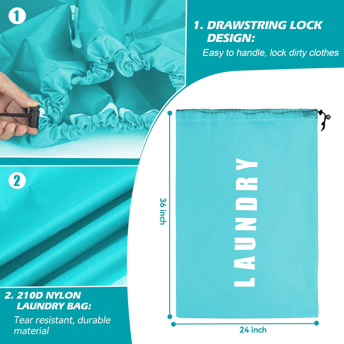 Isink Laundry Bag,2 Pack Travel Laundry Bags for Dirty Clothes,Large Laundry Bags for Camping & Traveling,Dirty Clothes Travel Bag,24" x 36" (Cyan + Gray)