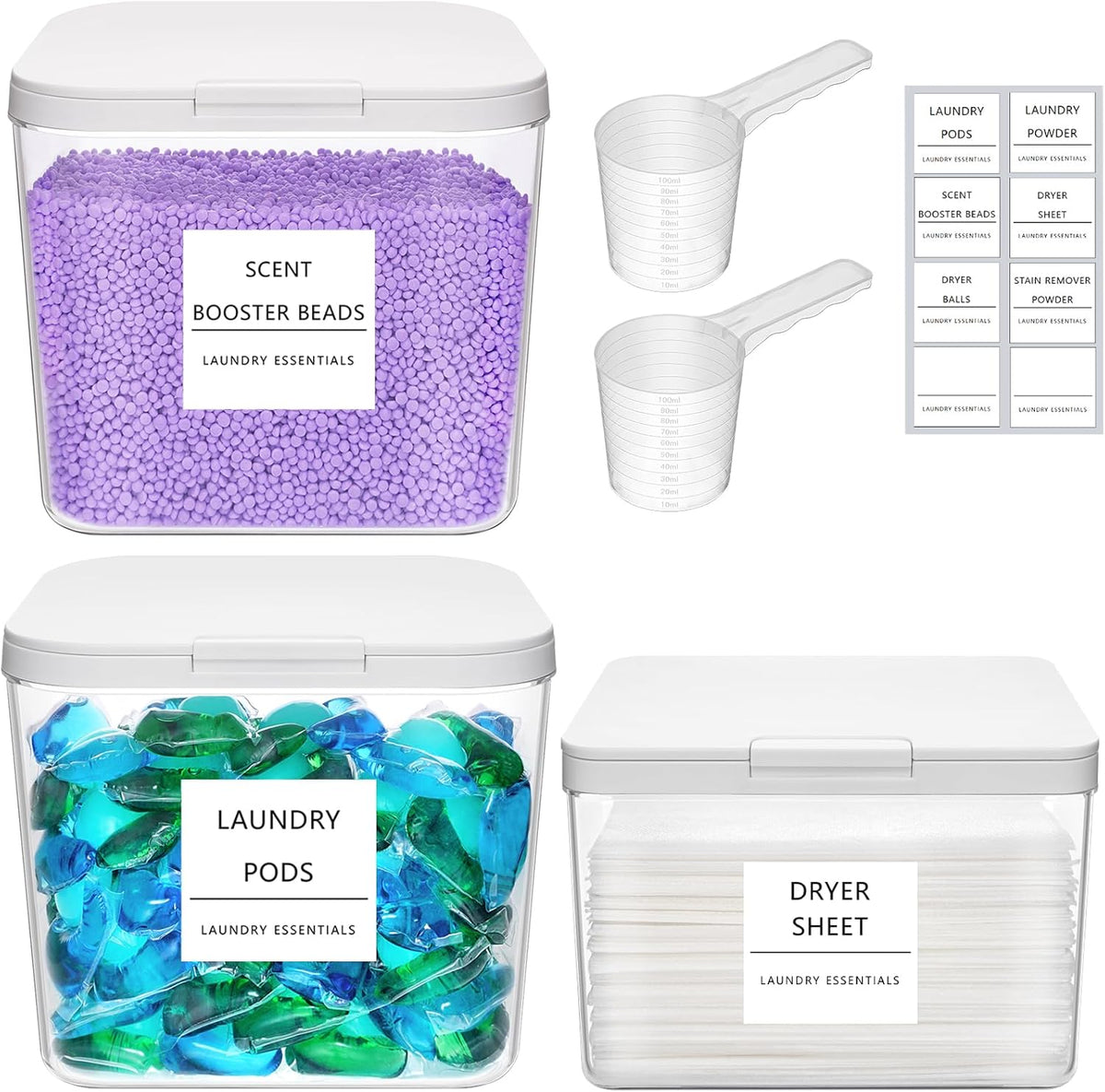 Lifewit 2+1 Laundry Pods Container & Dryer Sheet Holder, Large Powder Detergent Dispenser Storage Jars, Laundry Room Containers for Scent Booster Beads with Pop up Lids, Labels and Scoop