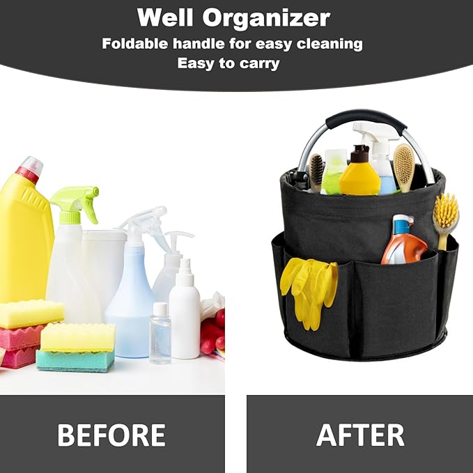 17L Cleaning Caddy with Handle, Cleaning Supplies Organizer, Foldable Storage Basket, Cleaning Supply Caddy, Portable Multi Cleaning Bucket Bag for Home, Garden (Black)