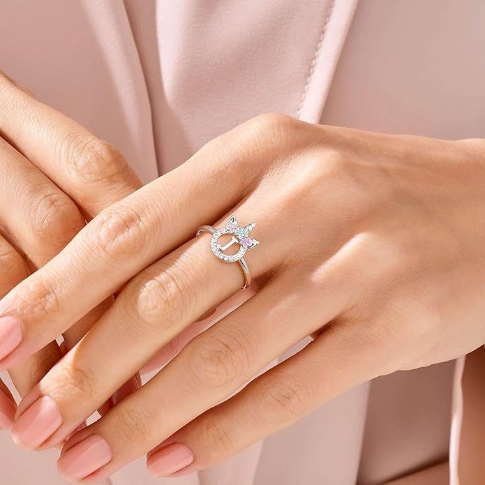 Unicorn Rings Gifts for Girls - Adjustable Initial Ring Dainty Cute Unicorn Rings for Girl Teens Little Girls Jewelry Birthday Gift