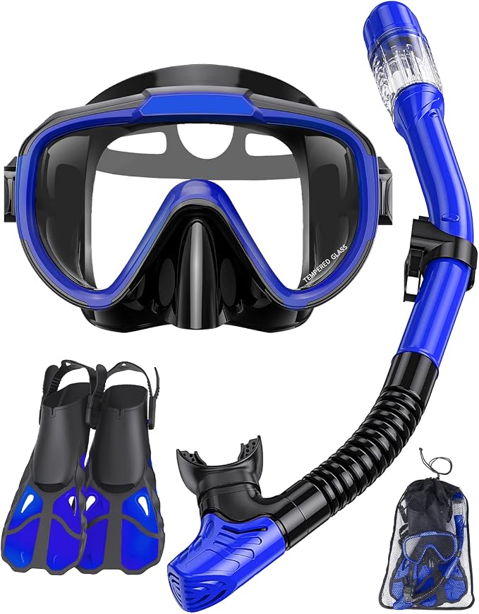 Snorkel Set with Fins for Adults, Snorkeling Gear for Adults Men and Women, Snorkle, Mask Set Adults Dry Top Snorkel Mask Combo Set with Travel Bag for Snorkeling, Diving, Swimming