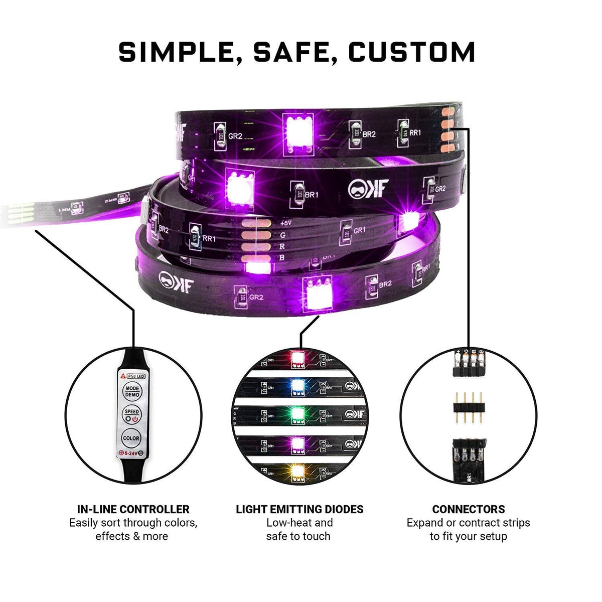 KontrolFreek Gaming Lights: LED Strip Lights, USB Powered with Controller, 3M Adhesive for TV, Console, PC, Wall (12 Ft)