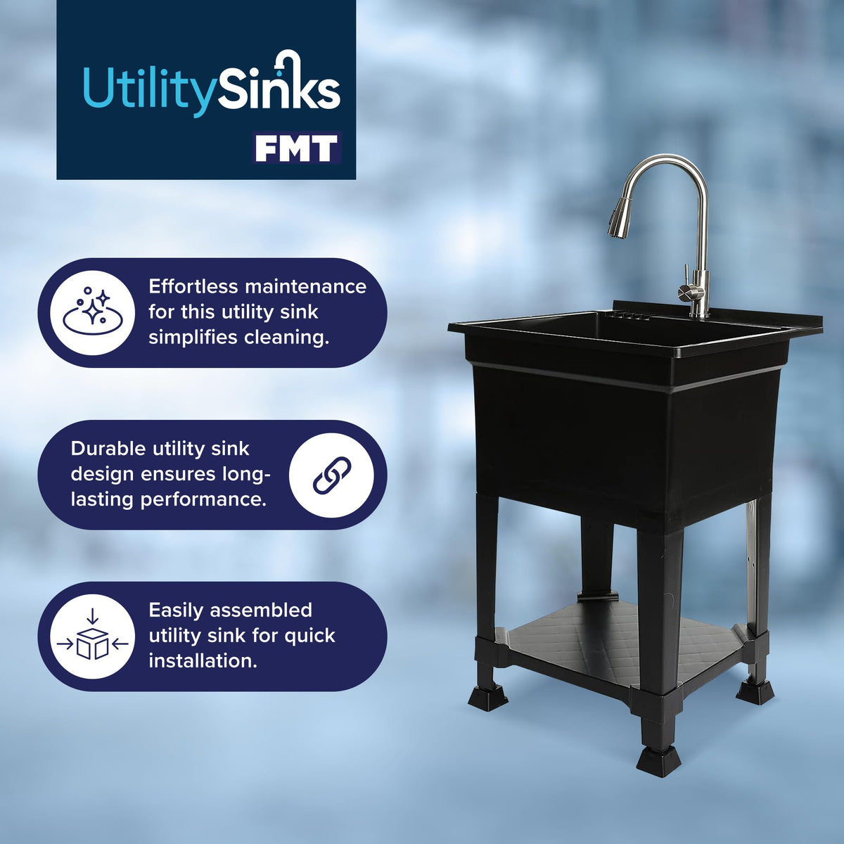 UTILITYSINKS Freestanding Utility Tub Sink with Quick Connect Drain, 24 x 24", Black - Portable and Compact Sink with Faucet for Outdoor Kitchen, Laundry Room, Garage, and Basement