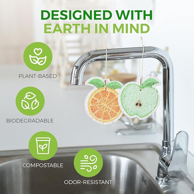 Biodegradable Cellulose Compressed Sponges Bulk - Fruit Shaped Kitchen Pack of 8 - Eco Friendly, Odor Free, Natural, Pop Up Compostable Scrubbers for Washing Dishes
