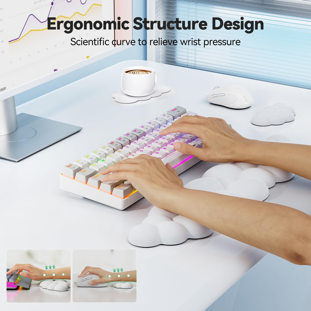 TECKNET Cloud Keyboard Wrist Rest Set, Cloud Wrist Rest with Non-Slip Base, PU Leather Wrist Pad for Keyboard with Ergonomic Memory Foam for Computer Laptop, Office, Gaming, White