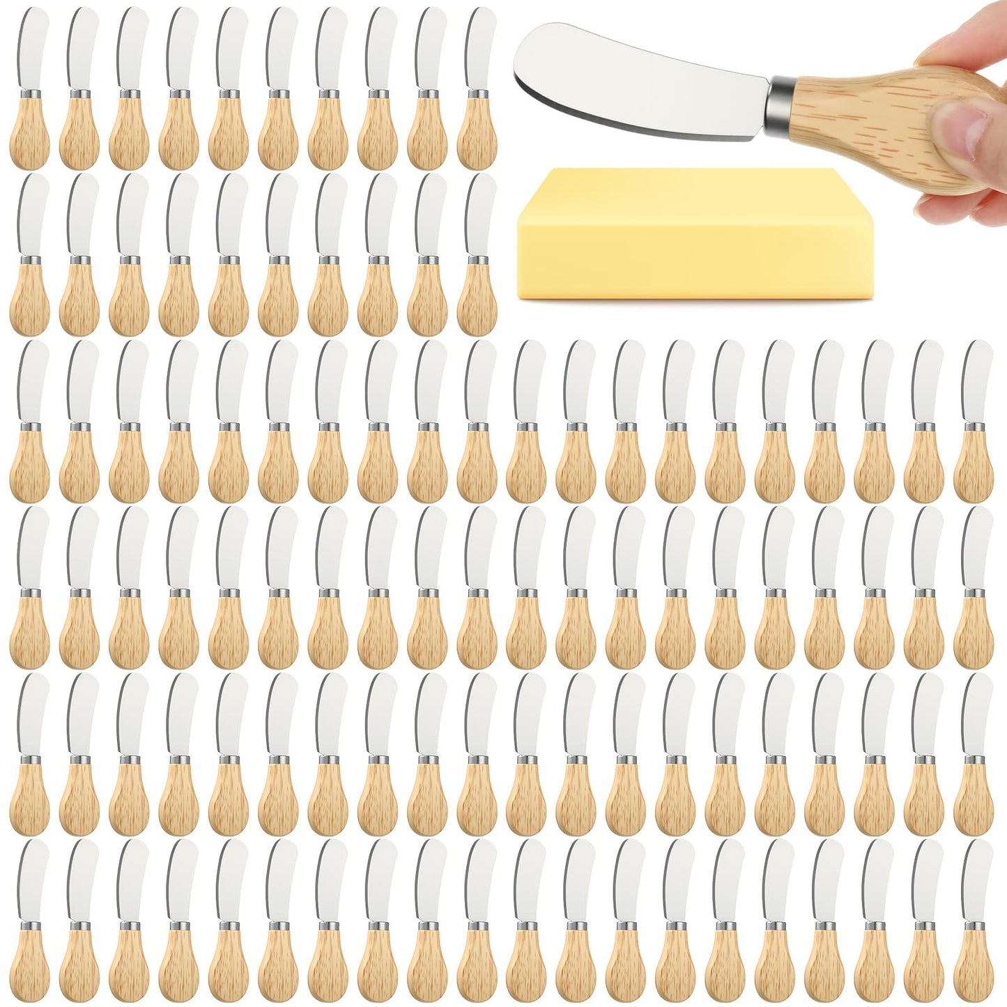 LemonRoad 100 Pcs Cheese Butter Spreader Knife Stainless Steel Butter Knife with Wooden Handle for Jam, Sandwiches, Dips and Charcuterie Kitchen Gadgets Bulk