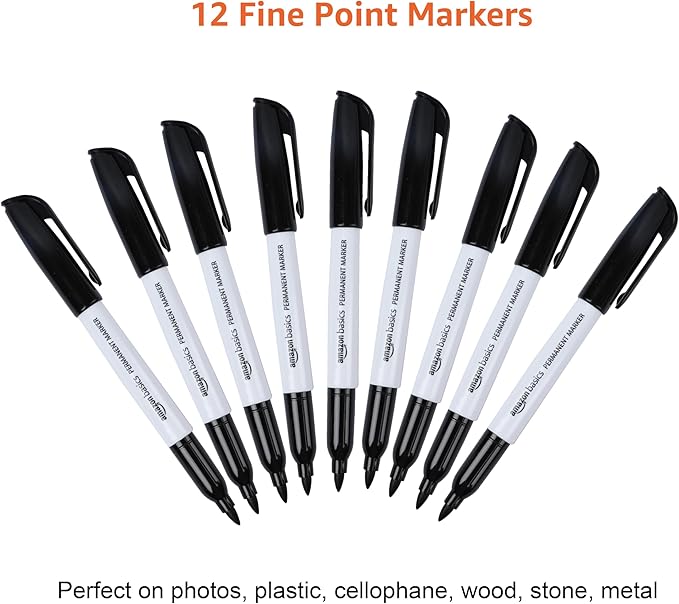 Amazon Basics Fine Tip Point Permanent Markers for Office, School, and Home Use, Black, 12 Pack