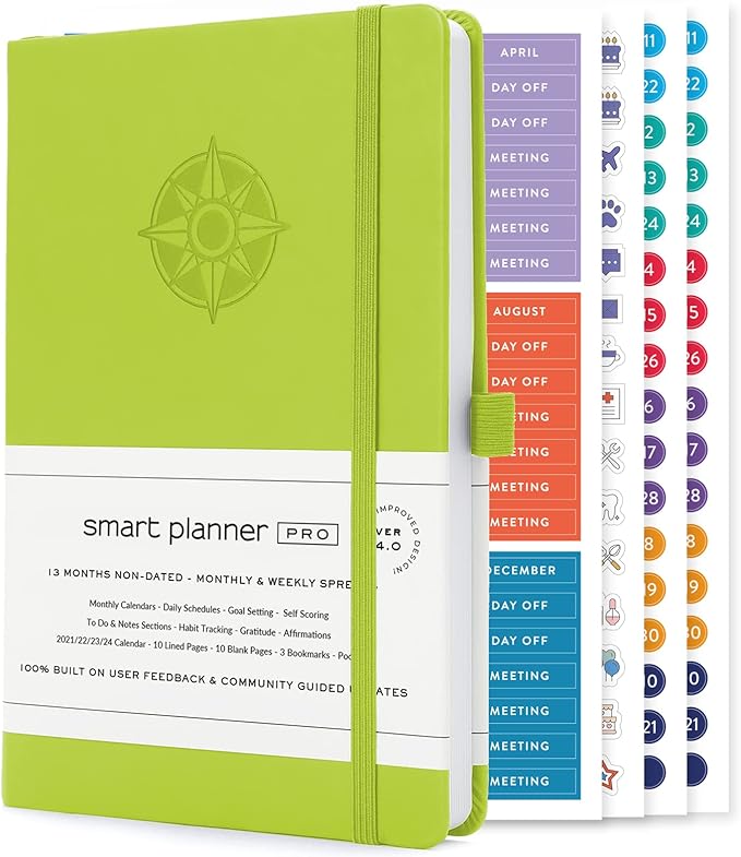 Smart Planner Pro – Undated Daily Planner – Small A5 – Achieve Goals & Increase Productivity – Weekly, Monthly, Work Sections, Organizer Diary with Back Pocket, 3 Satin Bookmarks & Pen Holder