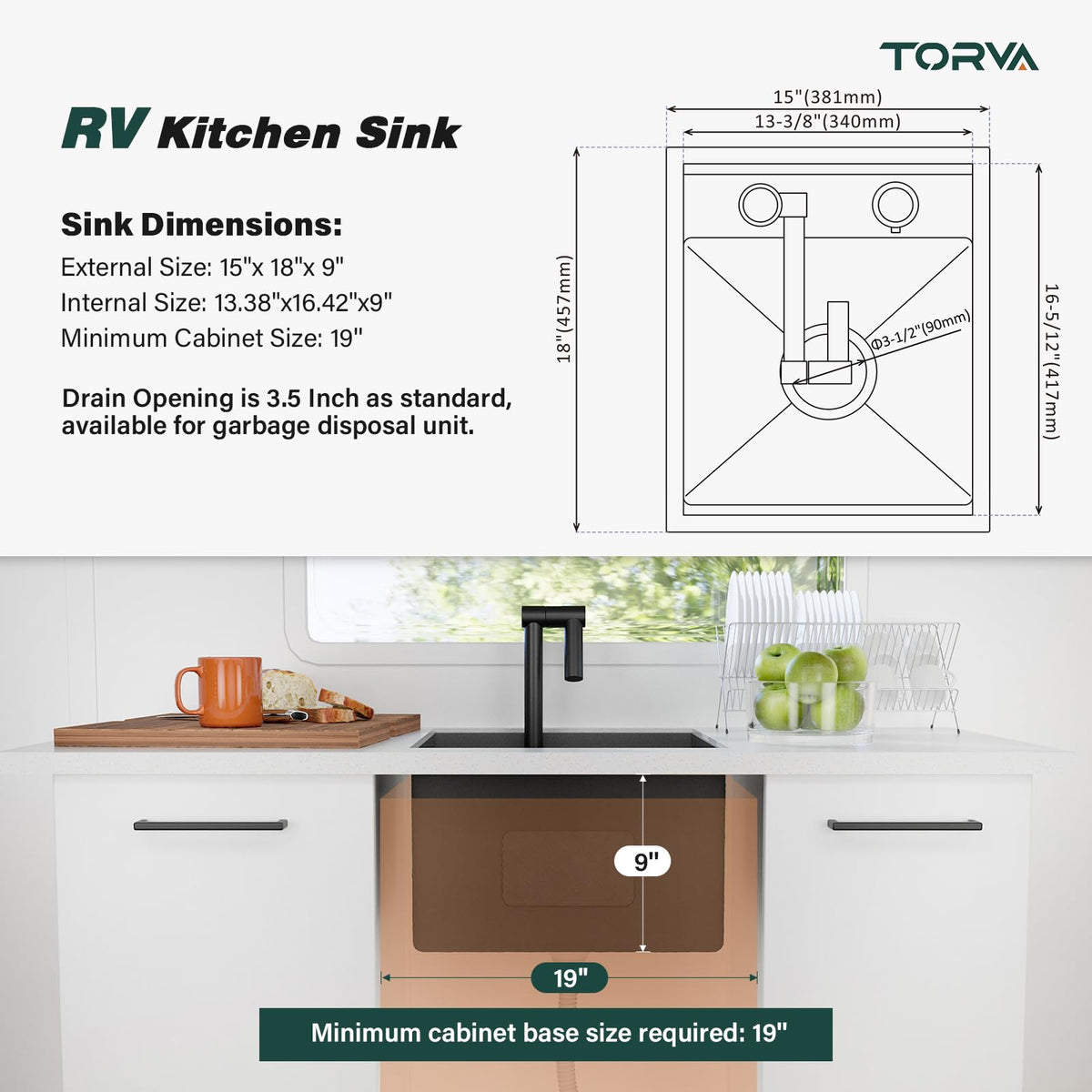 TORVA RV Kitchen Sink, 15 x 18 x 9 Inch Undermount Bar Sink 16 Gauge Stainless Steel Single Bowl Workstation Sink with Faucet Cutting Board, Dark Grey