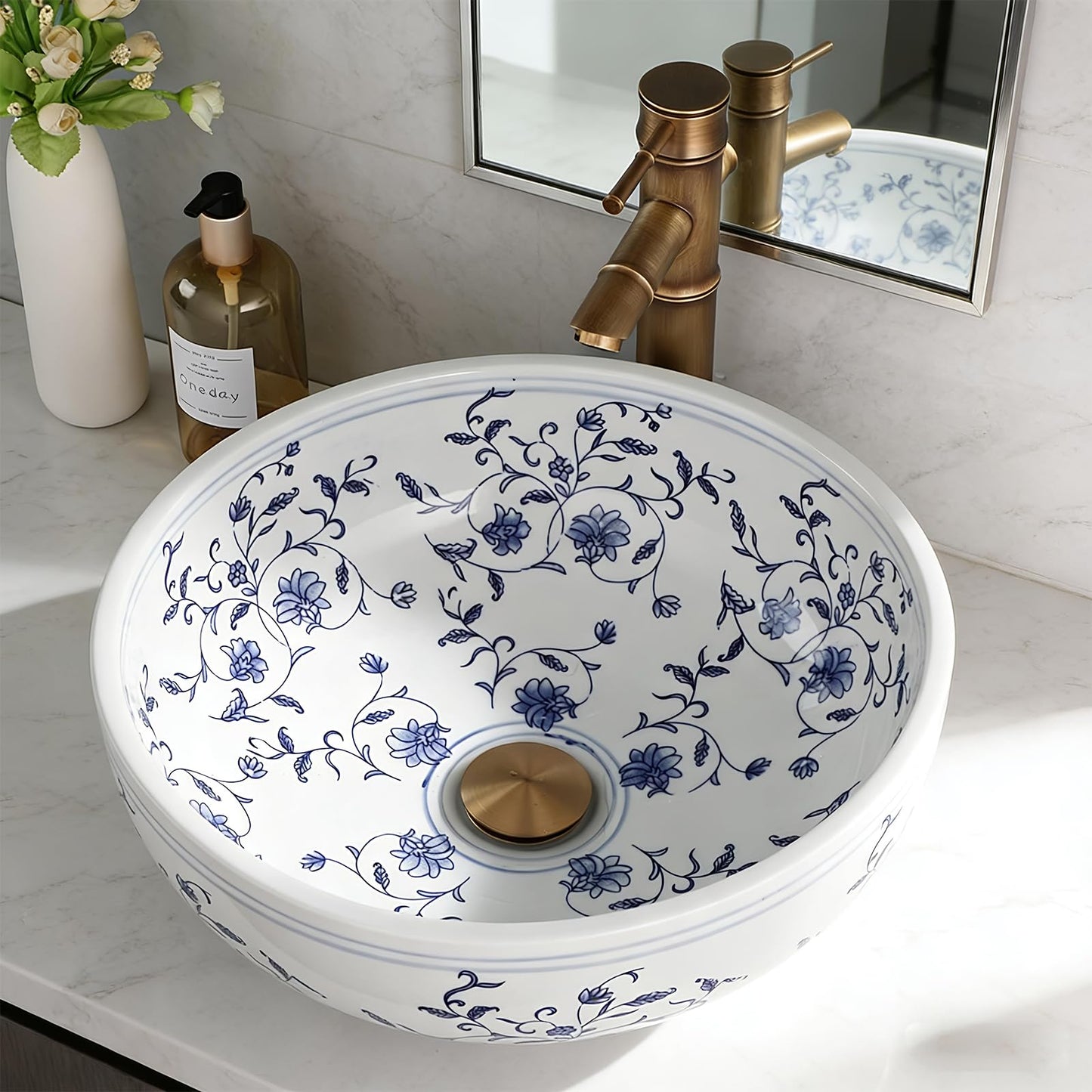 Lonuebu Bathroom Vessel Sink 16 Inch Vessel Sink Blue and White Ceramic Bathroom Sinks with Faucet and Drain Combo Bowl Sinks for Bathroom Vanity Above Counter