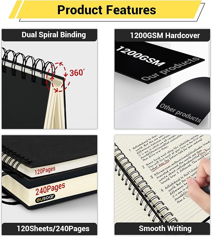 EUSOAR Notebooks for Work, 1 Pack A4 8.3"x11.2" Hardcover Spiral Lined Journal College Ruled, 240 Pages(120 Sheets) Writing Pads Professional Notebook for DIY Note Taking School Business Office