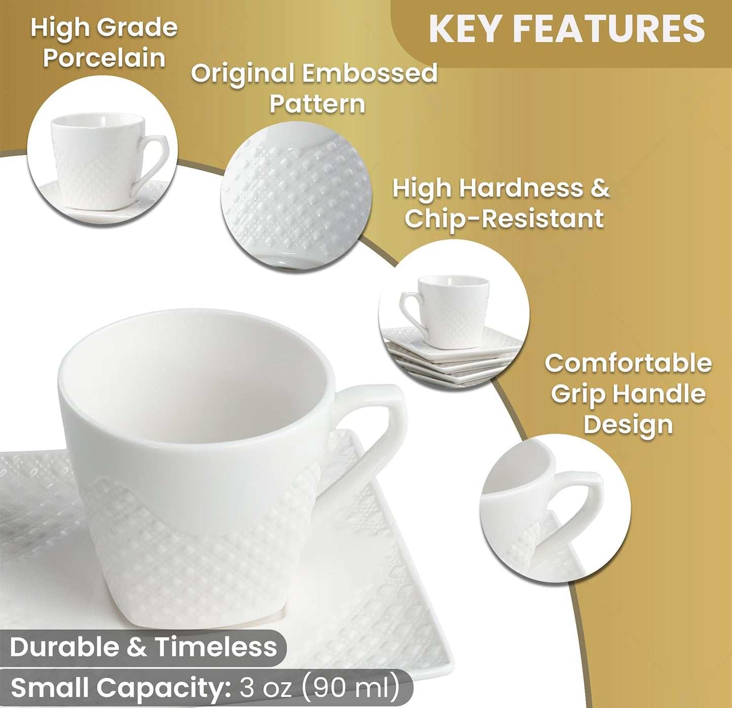 FUOCCI Espresso Cups With Saucer - 3 oz (90 ml) Turkish Coffee Cup, Small Modern Embossed Porcelain for Expresso, Cuban & Arabic Coffee, Elegant White (Set of 6)
