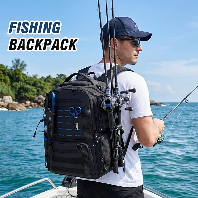 Fishing Tackle Backpack with 2 Rod Holders, Multi-Pocket Tactical Bag with Bottle Holder, 50L Large Storage Bag for Fishing Gear and Equipment, Black