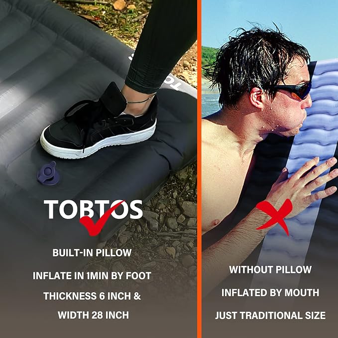 TOBTOS Inflatable Camping Sleeping Pad with Pillow, Thick 6 Inch Ultralight Sleeping Pad with Built-in Pump, Lightweight Sleeping Mat for Camping, Backpacking, Hiking, Tent (Grey)