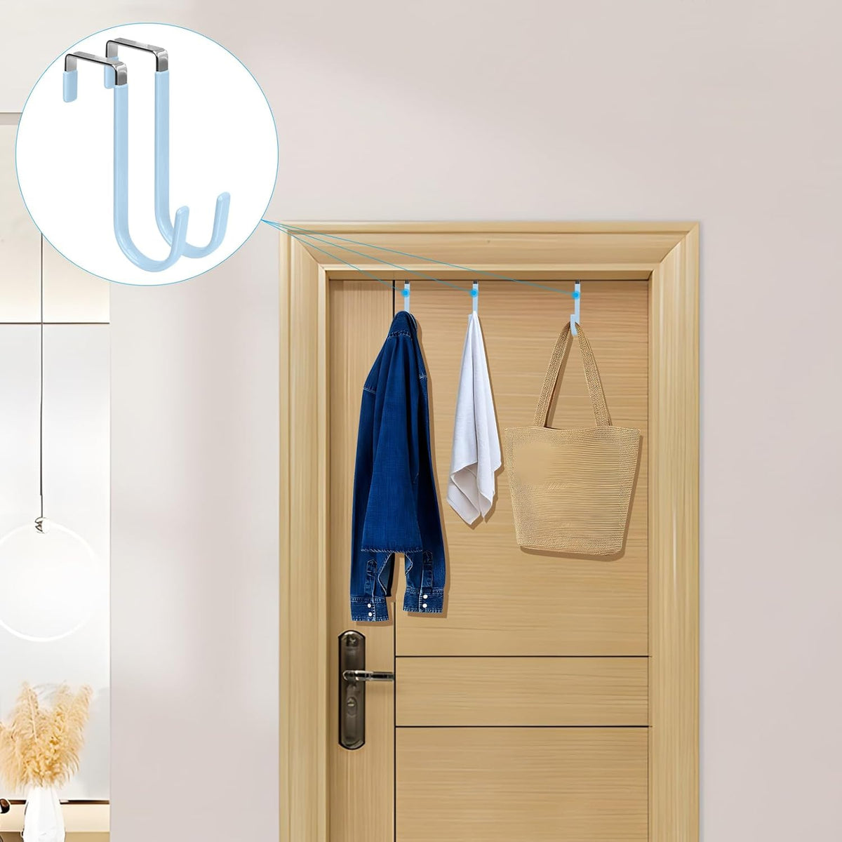 FYY Over The Door Hooks, 4 Pack Door Hangers Hooks with Rubber Prevent Scratches Heavy Duty Organizer Hooks for Living Room, Bathroom, Bedroom, Kitchen Hanging Clothes Towels Hats Coats Bags Cyan