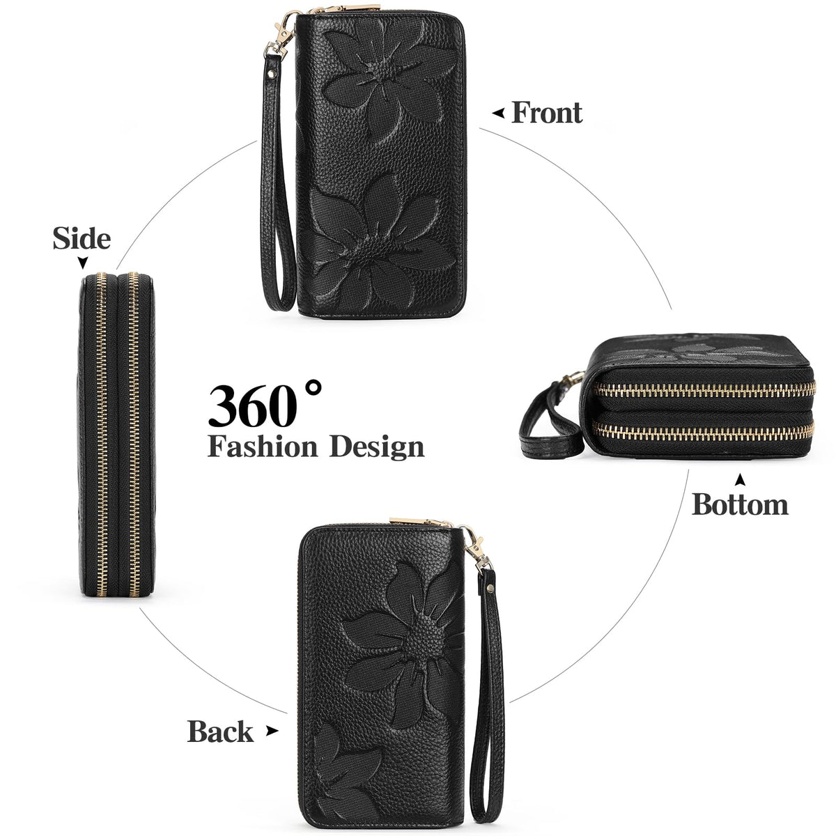 GOIACII Women's Wallet Large Capacity Double Zip Around Credit Card Holder Leather Ladies Wallet with RFID Blocking Phone Wristlet Purse Black