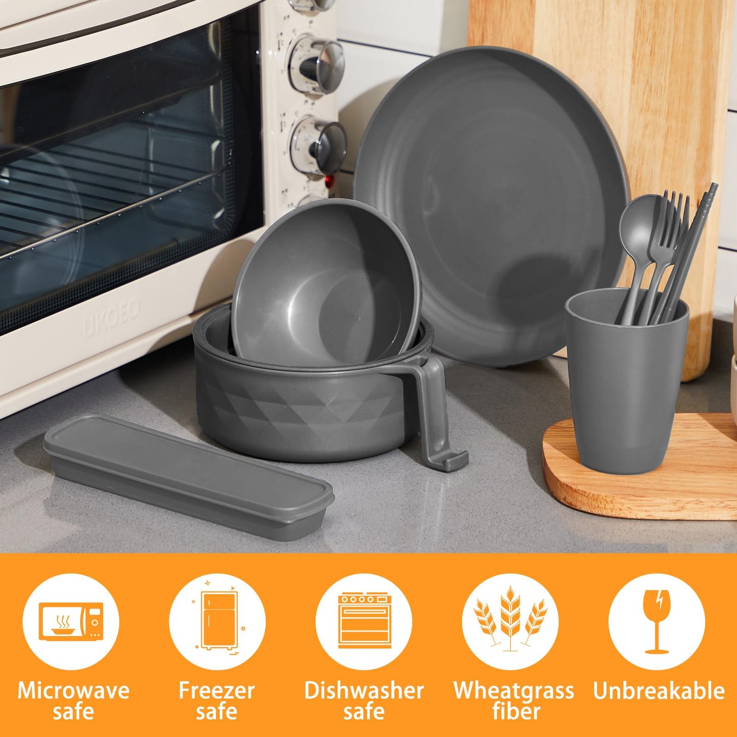 Romooa 6 Pcs Microwave Ramen Cooker Set Microwavable Wheat Straw Dinnerware Sets with 40oz Ramen Bowl, Plates, Cups and Cutlery Box, Dishwasher Safe Camping College Dorm (Grey)