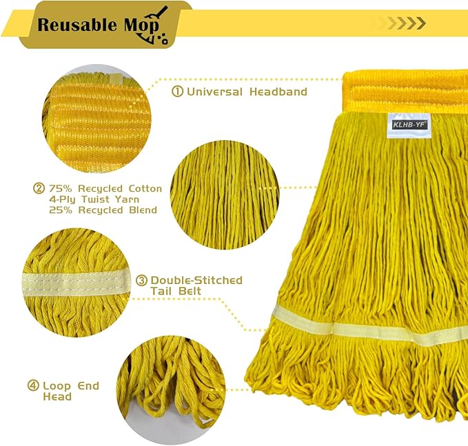 Heavy Duty Wet Industrial Cleaning Mop Head – 21 oz Yellow mop Head Replacement Cotton Washable Industrial mop Heads Heavy Duty for Commercial & Home Cleaning（Yellow）