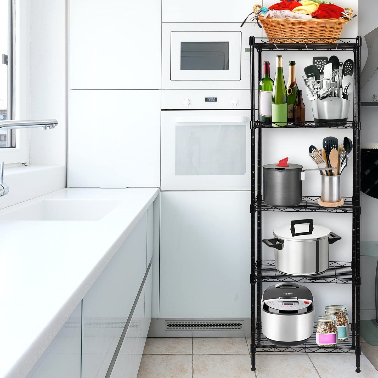 SUNLPH 5-Tier Wire Shelving Adjustable Shelves Unit Metal Storage Rack for Laundry Bathroom Kitchen Pantry Closet Organization (Black, 16.6" L x 11.4" W x 49.1" H)