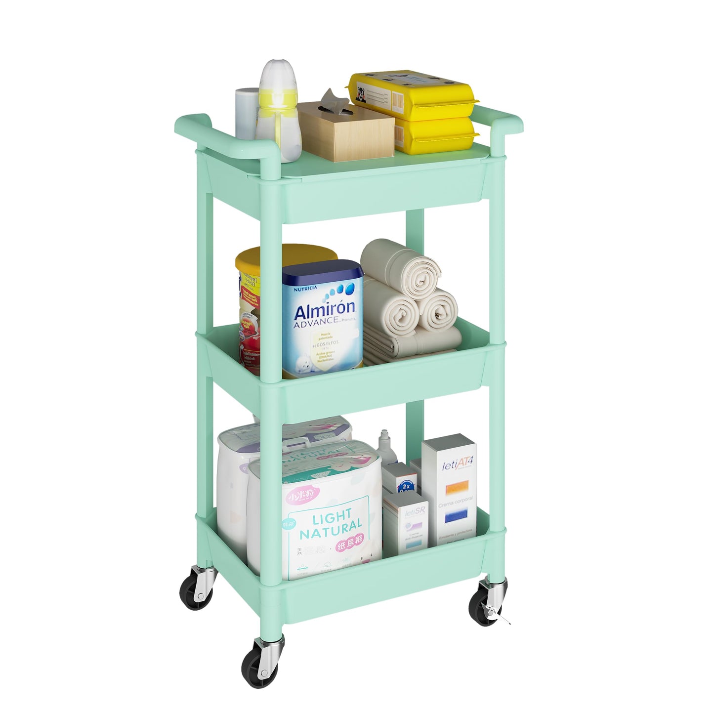 MIOCASA 3-Tier Utility Rolling Cart with Cover Top Board, Kitchen Storage Organization, Art Cart with Wheels for Office, Classroom, Livingroom, Kitchen, Bathroom, Green, Plastic