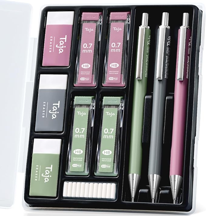 Aesthetic 0.7mm Mechanical Pencil Set with Case – 3 Vintage Mechanical Pencils, 4 Tubes HB #2 Lead Refills, 3 Erasers & 12 Eraser Refills, Cute Pencil Kit for Back to School Stationery Supplies