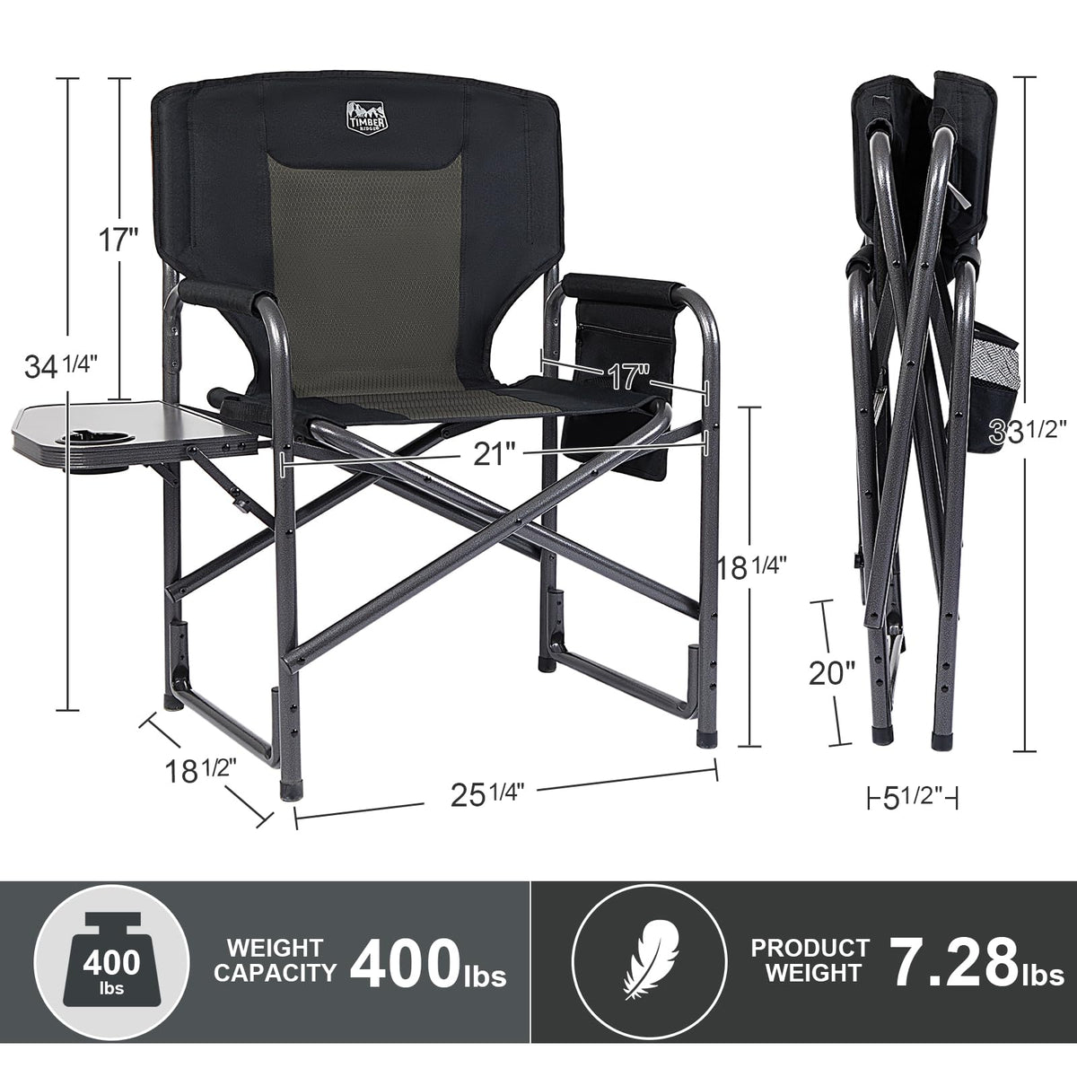 TIMBER RIDGE Aluminum Oversized Camping Chair, Lightweight Portable Directors Chair with Side Table Detachable Side Pocket for Outdoor Camping, Lawn, Picnic, Support 400lbs Black 2 Pack
