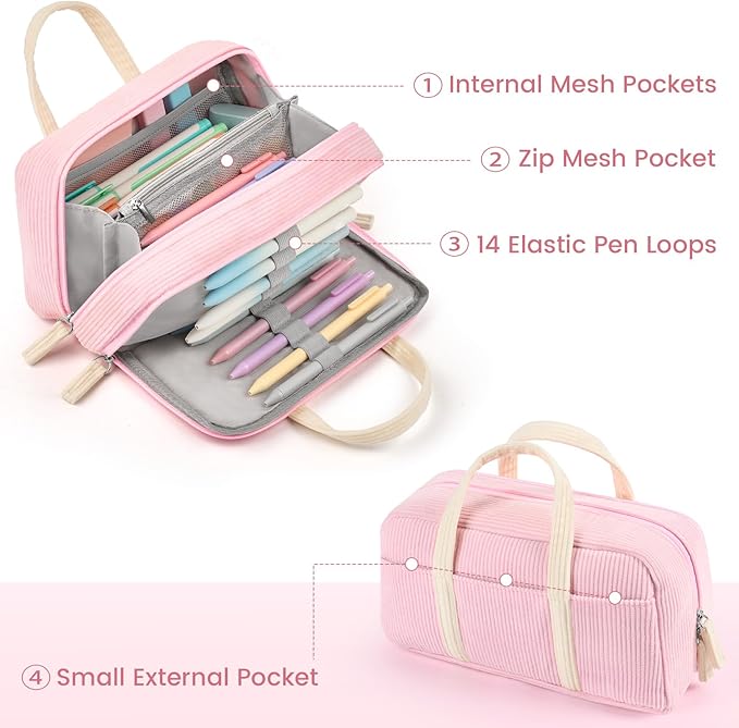 Sooez Large Pencil Case Pouch, Extra Big Pencil Bag with 5 Compartments, Pen Case Wide Opening, Soft Corduroy Pen Bag Organizer with Zipper, Cute Aesthetic School Supplies for Teen Girls, Red