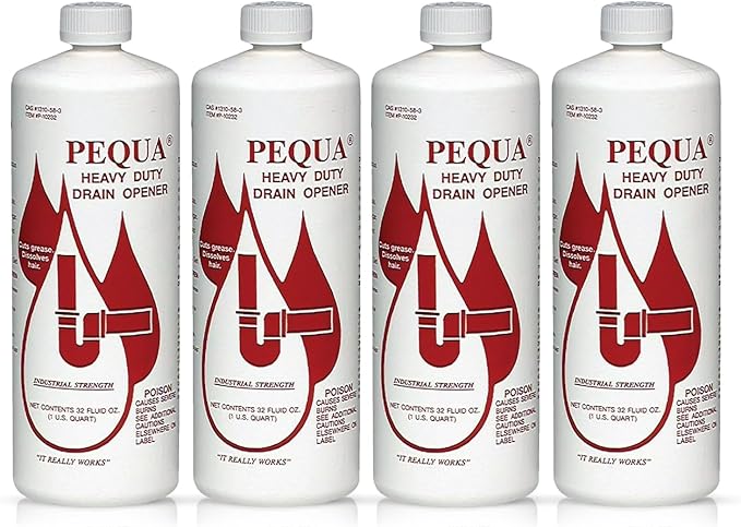 PEQUA INDUSTRIES Pequa Heavy Duty Drain Opener, Non-Acid, Fast-Acting Formula, Industrial strength Drain Cleaner for Sinks, Tubs, Septic Tanks - 32 Oz (Pack of 4)