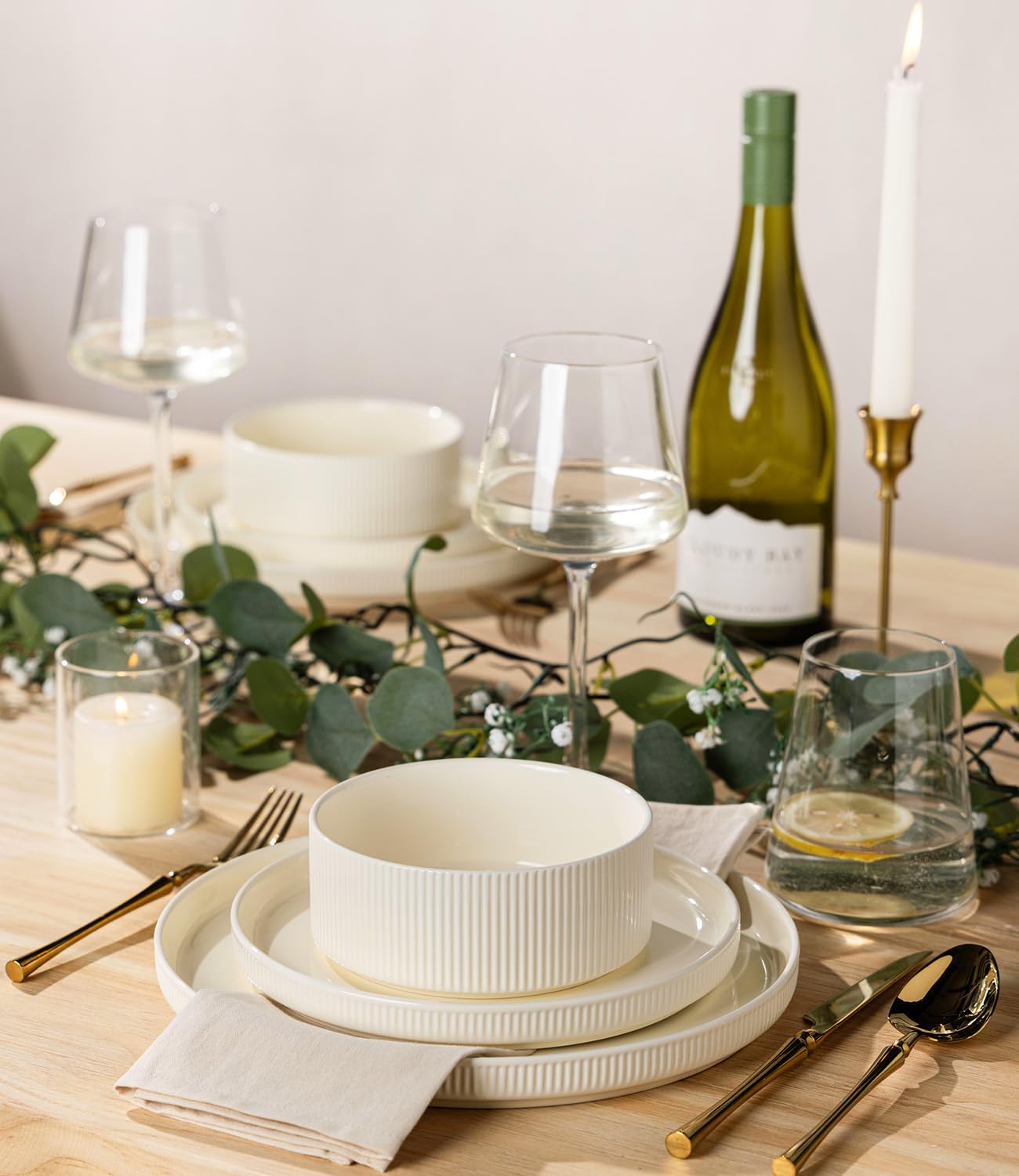TheTerra Ceramic Dinnerware Sets for 4, 12 Pieces Porcelain Lightweight Plates and Bowls Sets, Scratch Resistant Dish Set, Oven & Microwave & Dishwasher Safe, Beige
