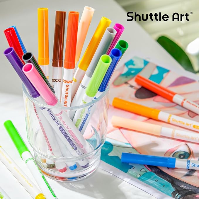 Shuttle Art 384 Pack Washable Super Tips Markers, 16 Assorted Colors Conical Tip Large Markers Bulk with a Box, Bonus Caps, Home Classroom School Supplies for Toddlers Kids Adults Students Teachers