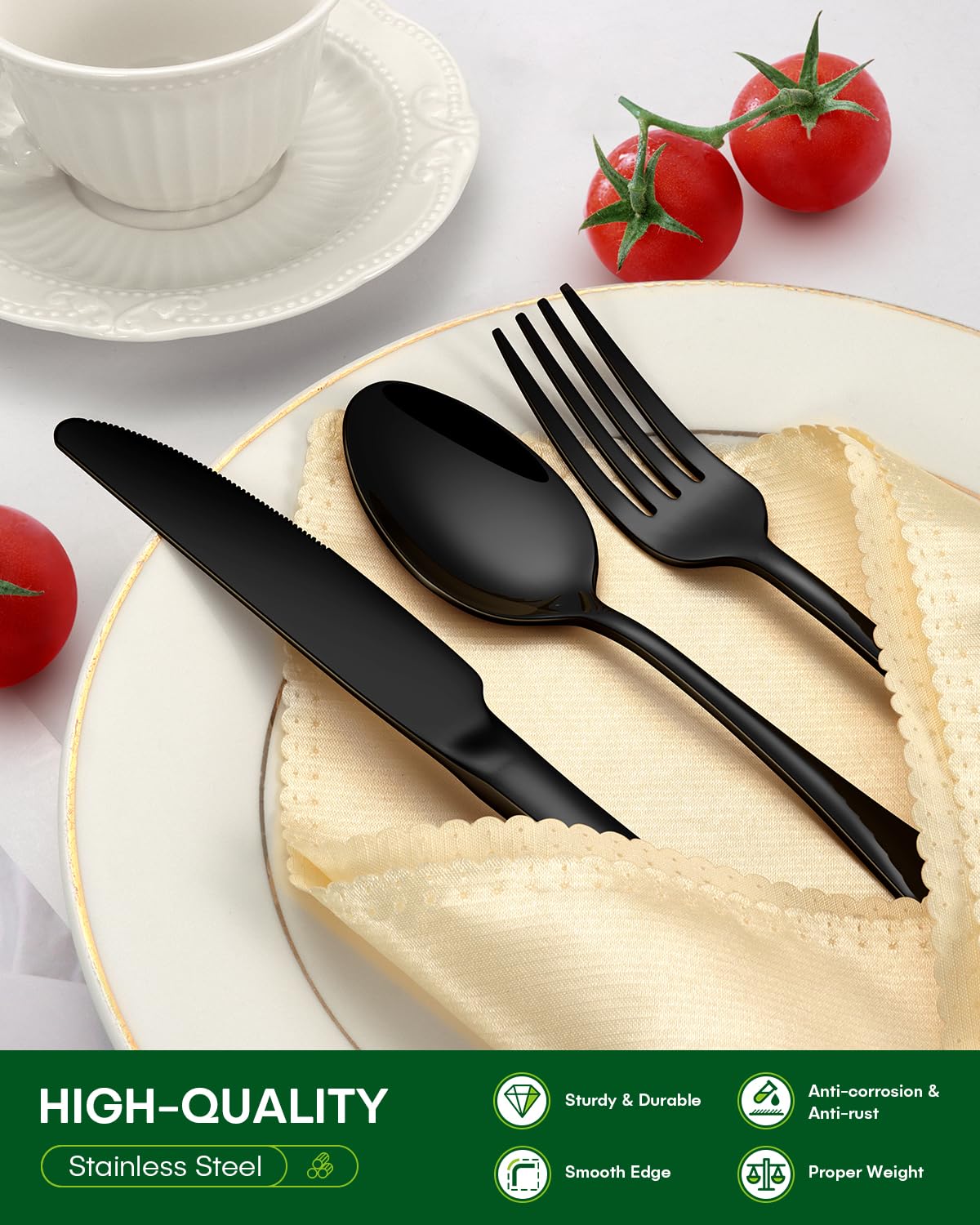 PHILIPALA 40 Piece Black Silverware Set, Stainless Steel Flatware Set for 8 Food Grade Cutlery Utensil Set Include Knife Fork Spoon Mirror Polished Dishwasher Safe