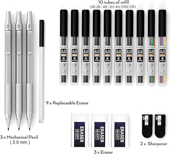 Nicpro Metal 2.0 Mechanical Pencil Set with Case, 3 PCS Drafting Lead Holder with 10 Tubes 2mm Graphite Lead Refill(HB 2H 4H 2B 4B) &Colors, Sharpeners, Erasers for Artist Writing, Drawing, Sketching