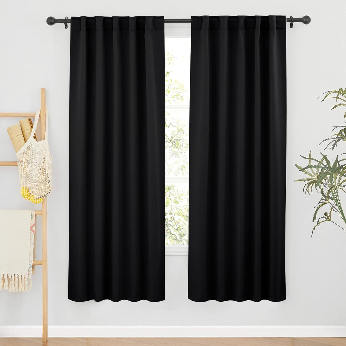 RYB HOME Blackout Curtains for Bedroom, Back Tab Curtain Drapes for Dining Room/Living Room/Garage/Staircase Window, Wide 42 x Long 72 inch, Black, 1 Pair