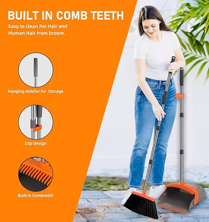 2-Pack is More economical，Upgraded Upright Broom and Dustpan Combo with 52" Long Handle, Dustpan Teeth with self-Cleaning Function, Indoor and Outdoor Sweeping, Perfect for Home Office